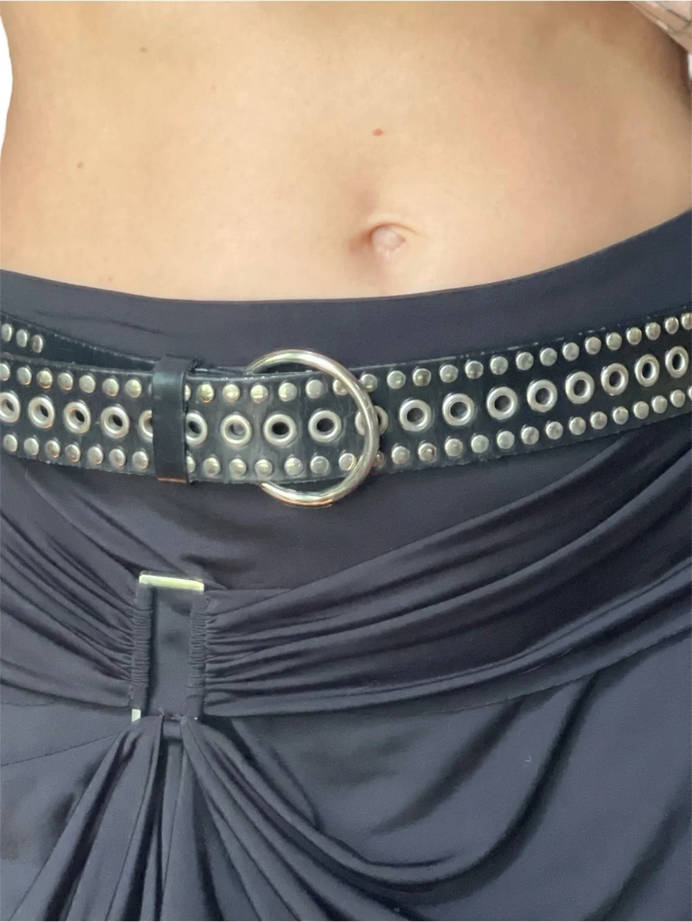 Chico’s 100% LeatherStudded Black Grommet Belt with Silver O-Ring Buckle
